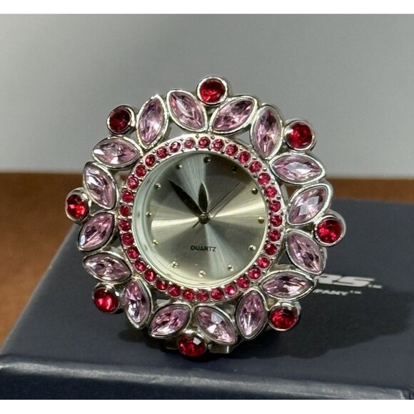 Vintage Mini Desk Clock Quartz Vanity/Dresser/Mantle Clock Pink & Red Rhinestone - Picture 7 of 7